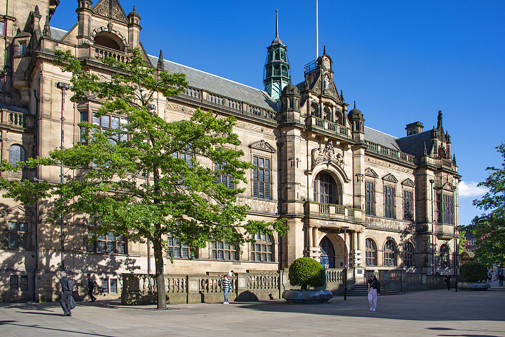 Entrance to Sheffield Town Hall which was designed by architect Edward William Mountford and built between 1890 and 1897. It is decorated with carvings and the friezes which depict the industries of Sheffield, Pinstone Street, Heart of the City Quarter,