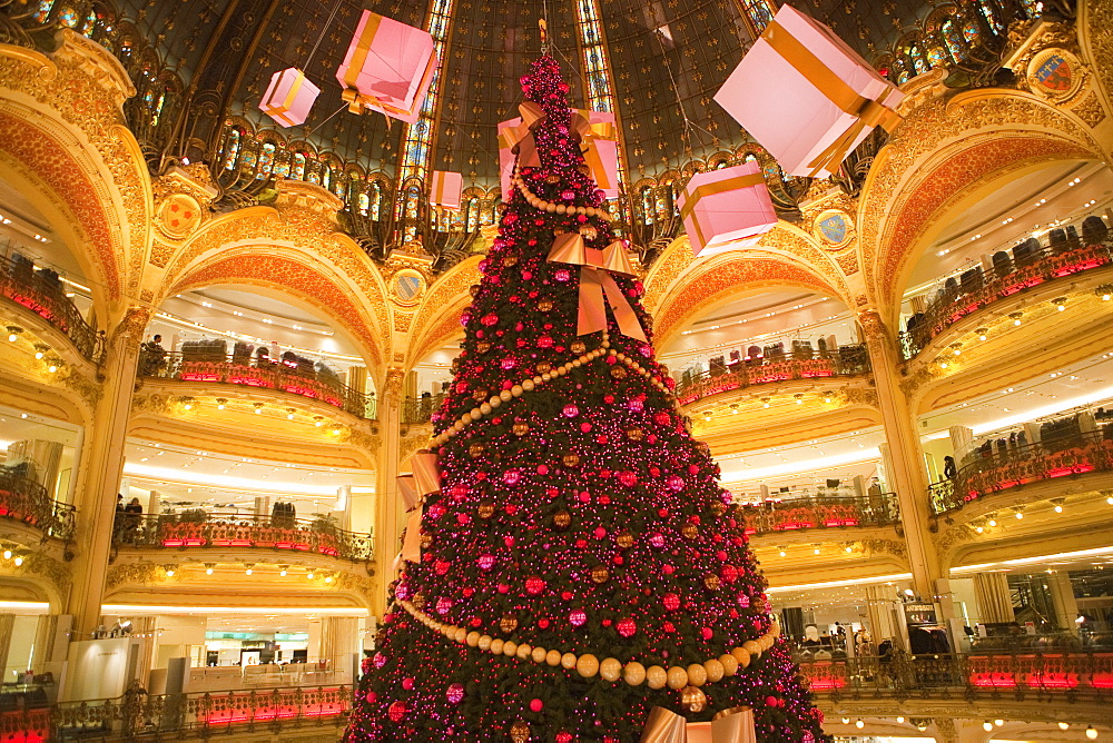 Galeries Lafayette interior during Christmas time, Paris, France, Europe