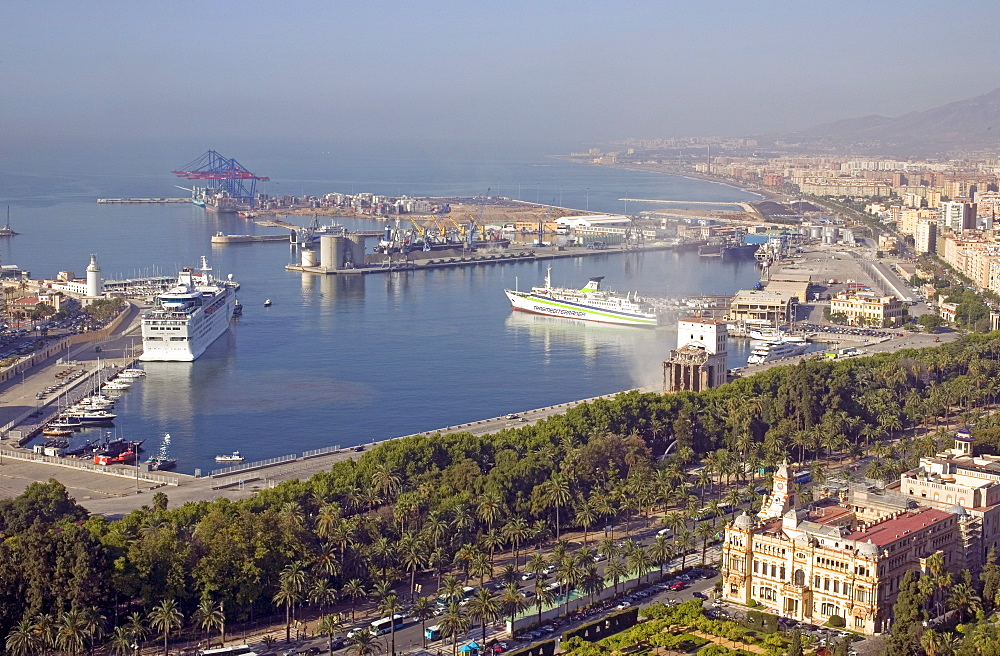 View of port with City Hall below right, Malaga, Andalucia, Spain, Europe