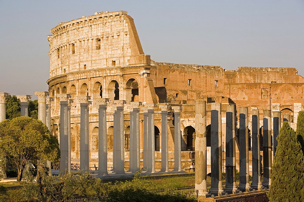 Colosseum and false Roman columns for theatre, Rome, Lazio, Italy, Europe