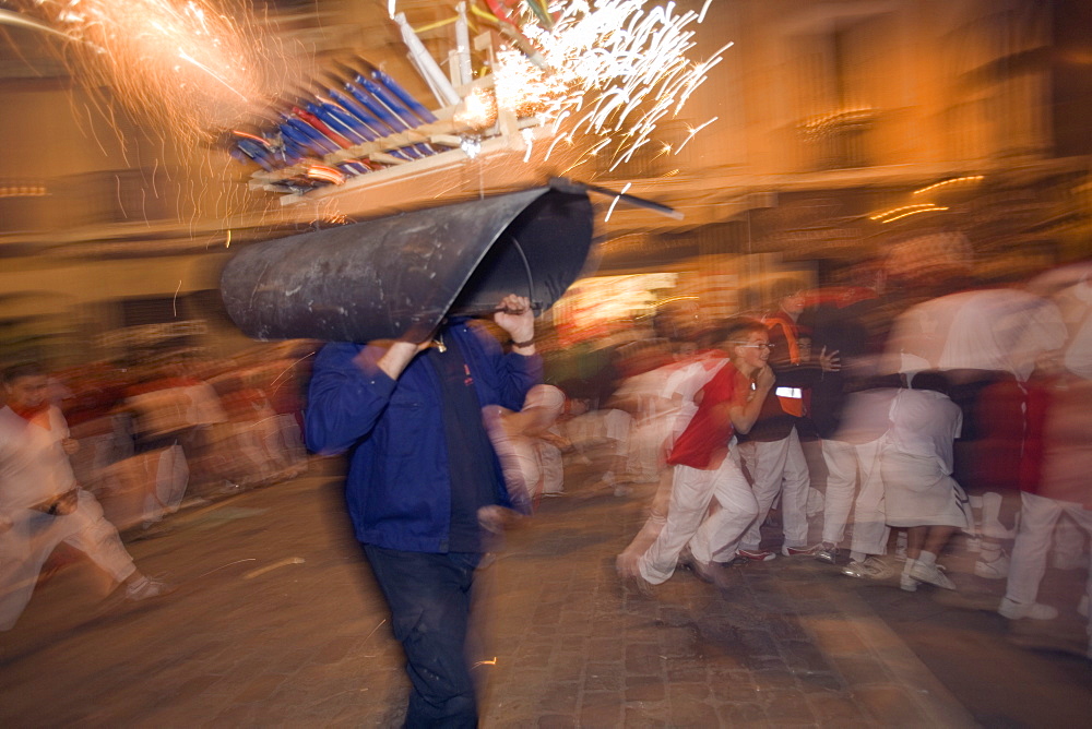 Fireworks bull for children, San Fermin festival, Pamplona, Navarra, Spain, Europe