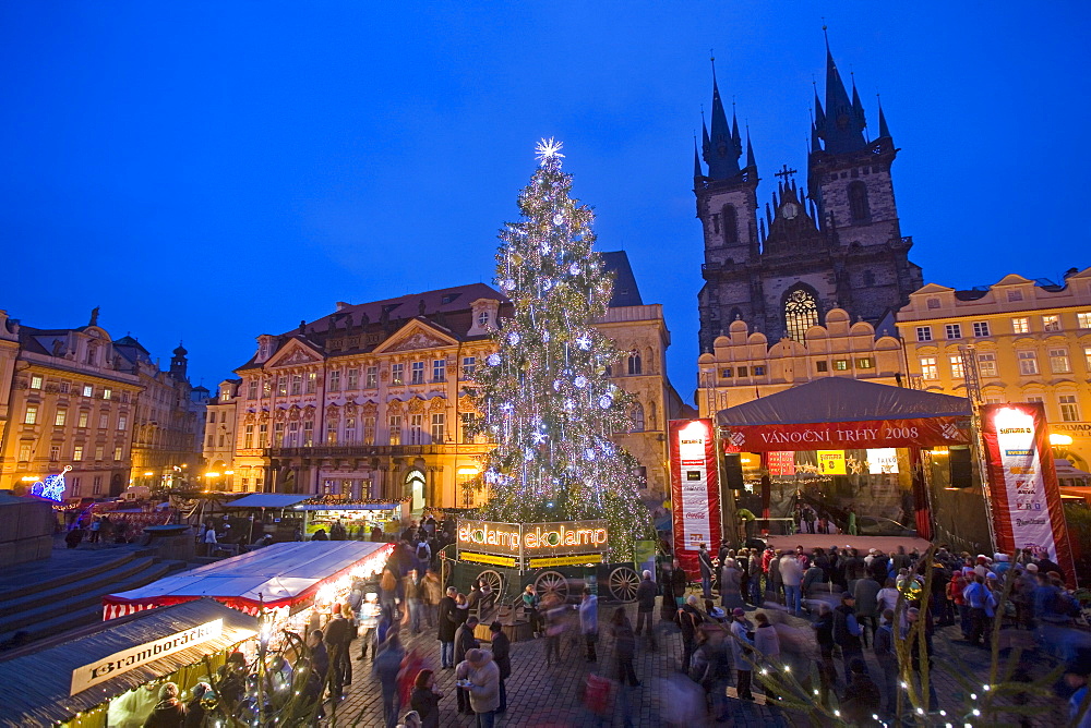 Old Town Square at Christmas time and Tyn Cathedral, Prague, Czech Republic, Europe