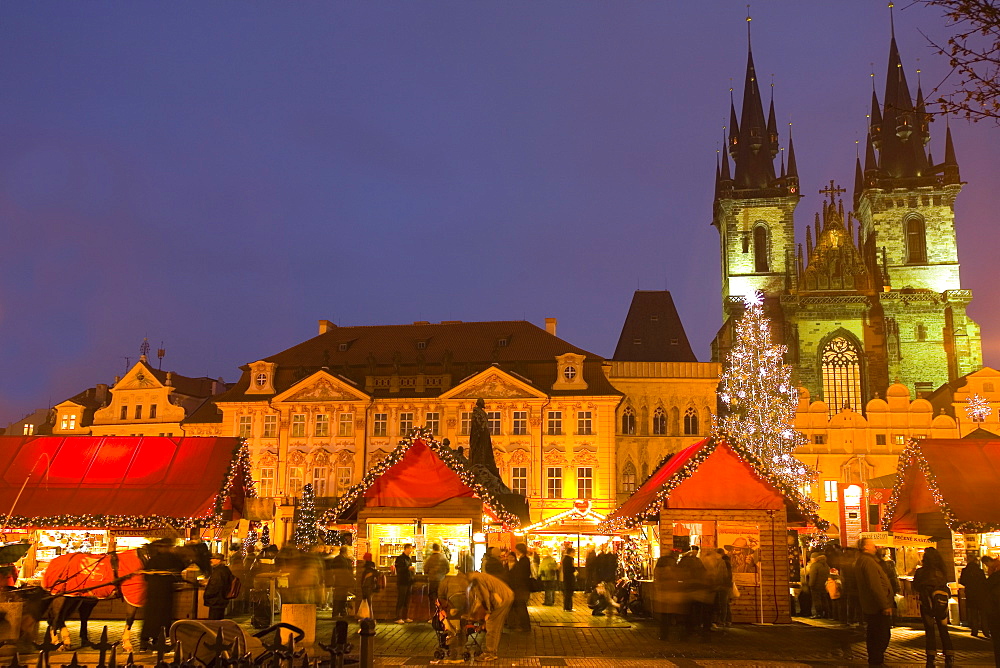 Old Town Square at Christmas time and Tyn Cathedral, Prague, Czech Republic, Europe