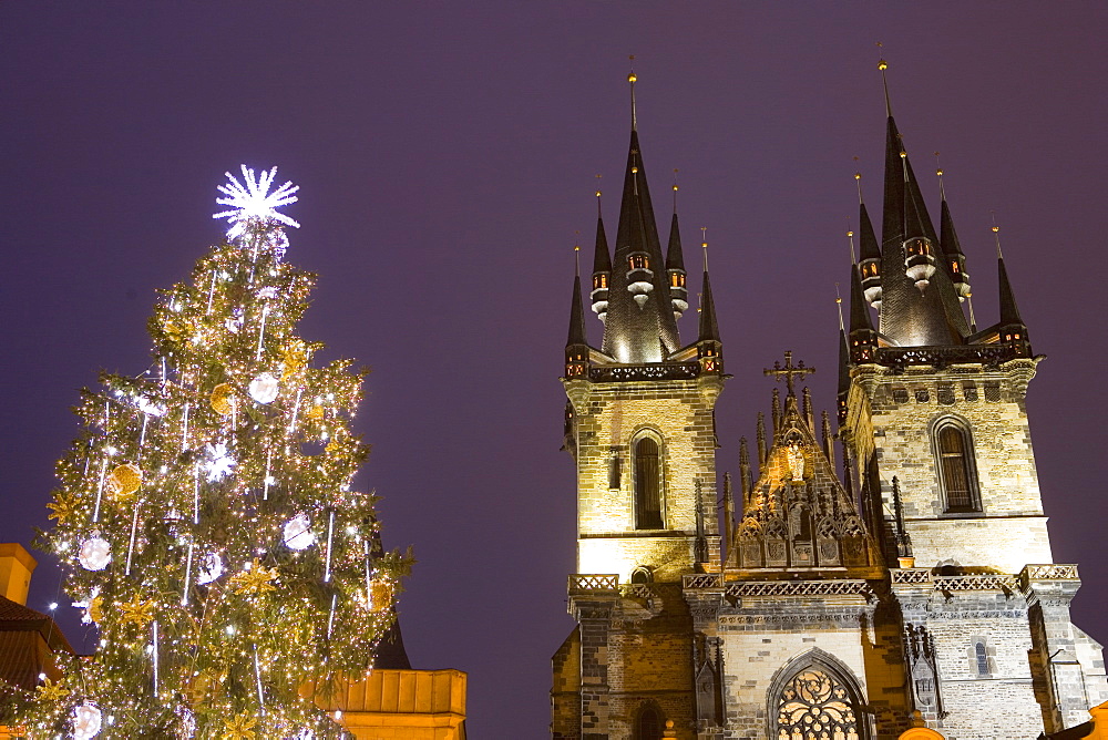 Old Town Square at Christmas time and Tyn Cathedral, Prague, Czech Republic, Europe