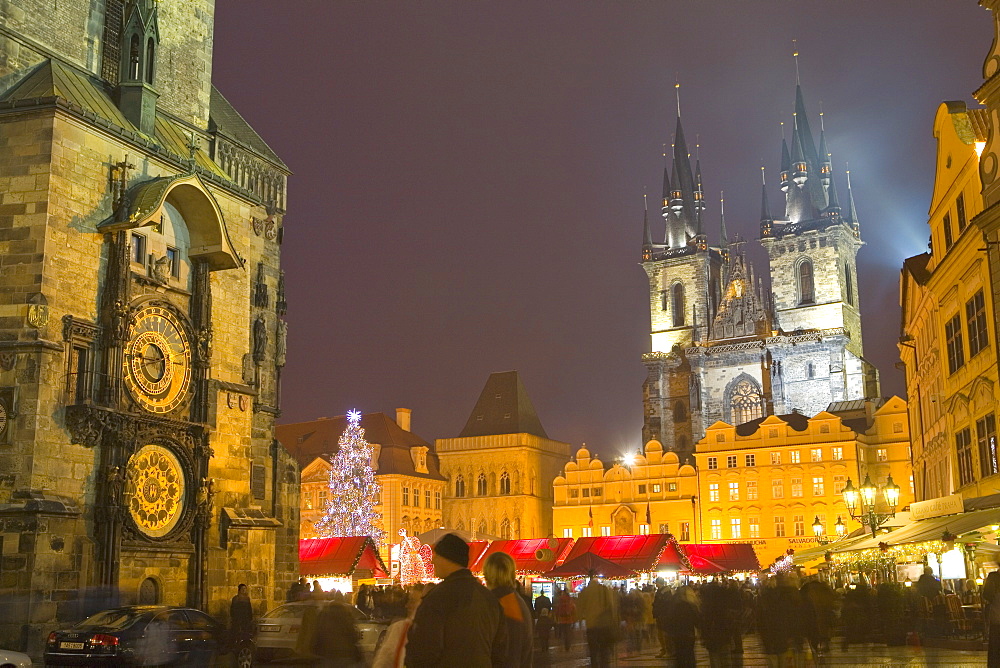 Old Town Hall, Astronomical clock, Tyn Cathedral and Old Town Square at Christmas time, Prague, Czech Republic, Europe