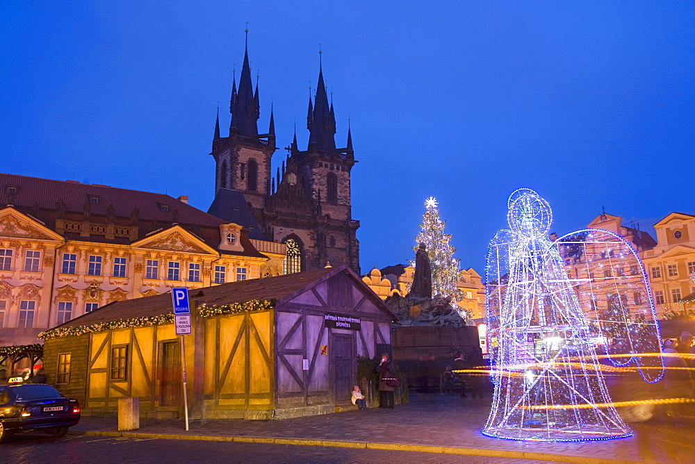 Old Town Square at Christmas time and Tyn Cathedral, Prague, Czech Republic, Europe