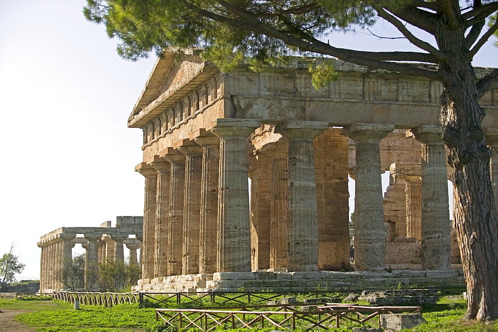 Temple of Poseidon (Neptune),Temple of Hera (Basilica) beyond, Paestum, UNESCO World Heritage Site, Campania, Italy, Europe