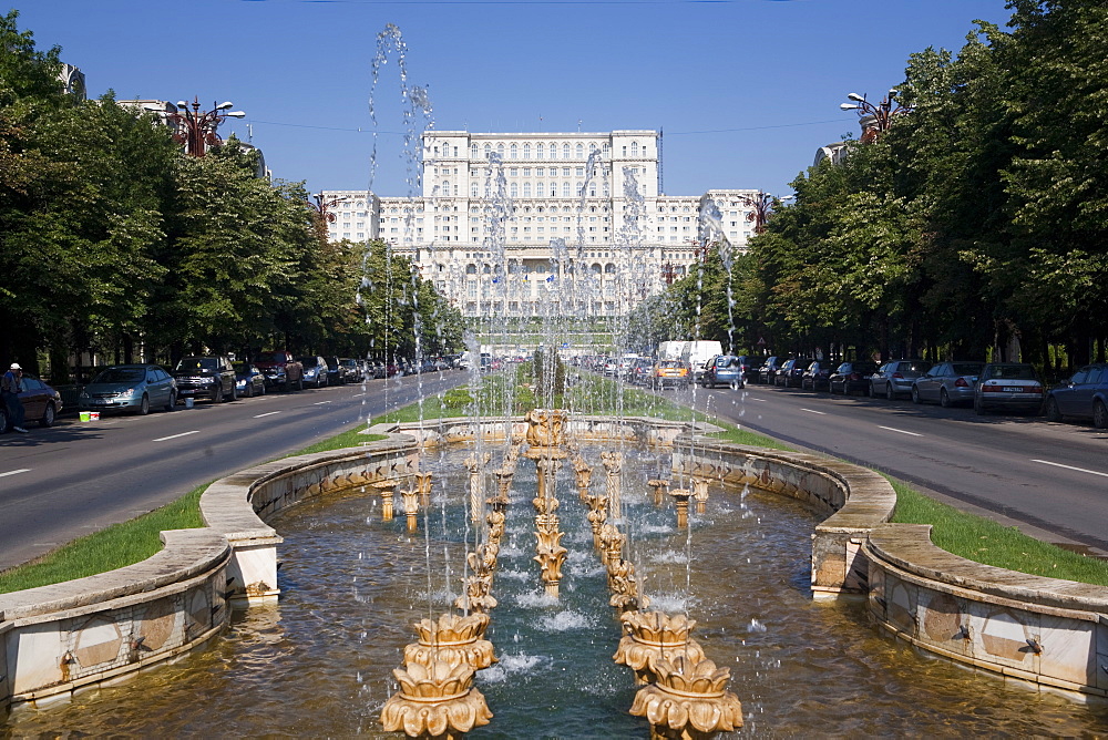 Fountains in front of the Palace of Parliament, former Ceausescu Palace, Bucharest, Romania, Europe