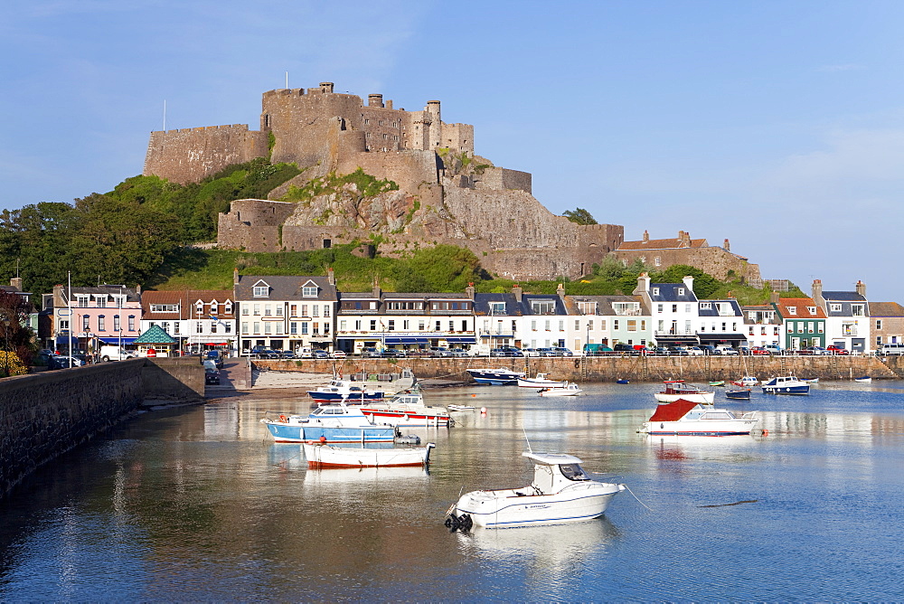 Mount Orgueil Castle, overlooking Grouville Bay in Gorey, Jersey, Channel Islands, United Kingdom, Europe