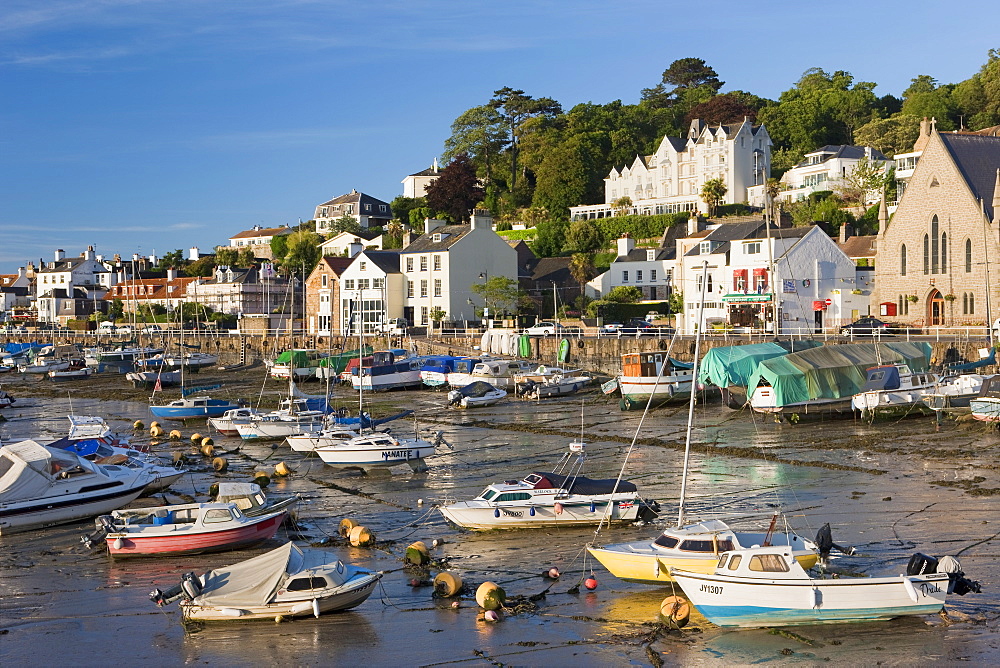 Boats and yachts moored at St. Aubins Harbour, Jersey, Channel Islands, United Kingdom, Europe