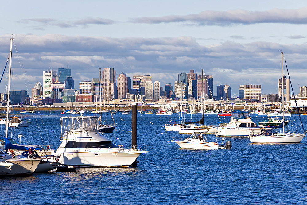 City skyline and boats moored in the harbour, Boston, Massachusetts, New England, United States of America, North America