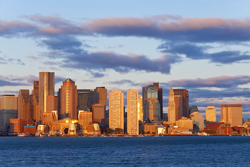 City skline viewed across Boston harbour at dawn, Boston, Massachusetts, New England, United States of America, North America