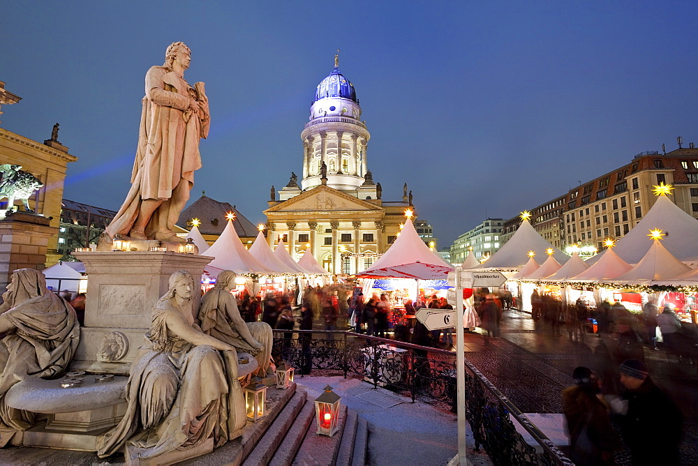 Traditional Christmas Market at Gendarmenmarkt, illuminated at dusk, Berlin, Germany, Europe