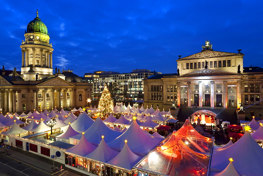 Traditional Christmas Market at Gendarmenmarkt, illuminated at dusk, Berlin, Germany, Europe