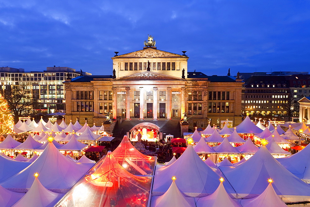 Traditional Christmas Market at Gendarmenmarkt, illuminated at dusk, Berlin, Germany, Europe