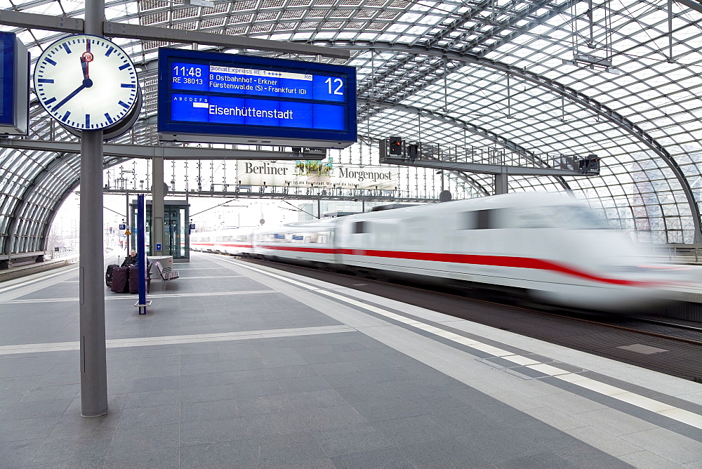 Train pulling into the platform, new modern main railway station, Berlin, Germany, Europe