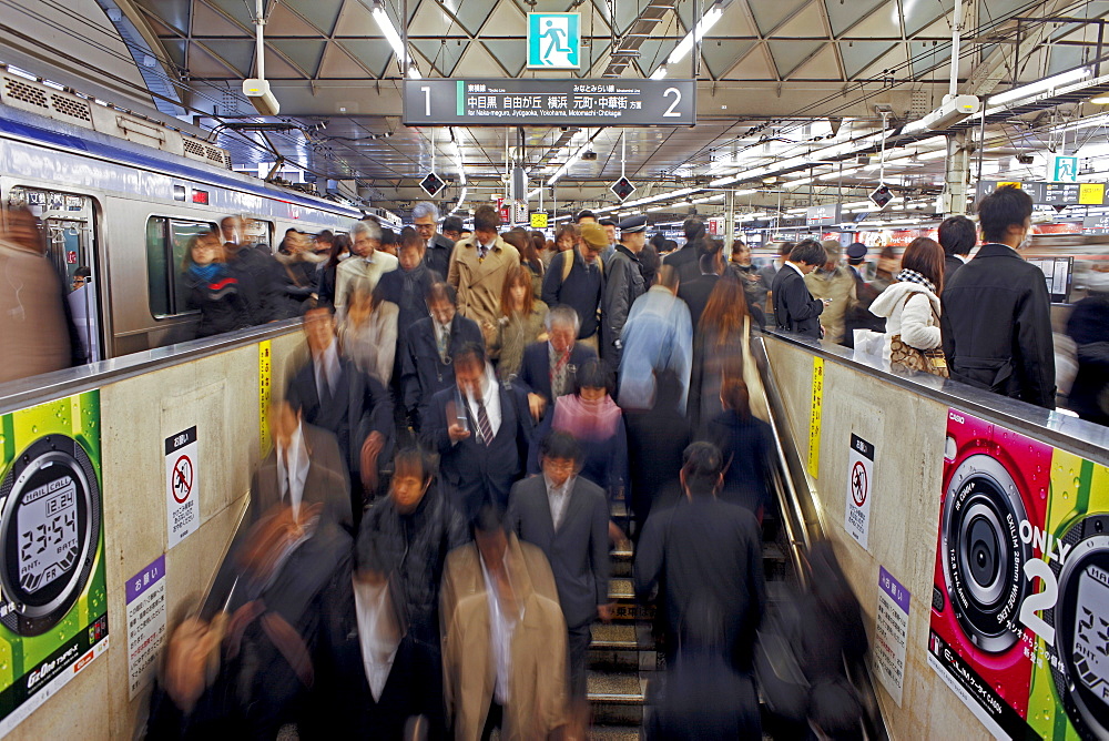 Commuters moving through Shibuya Station during rush hour, Shibuya District, Tokyo, Japan, Asia