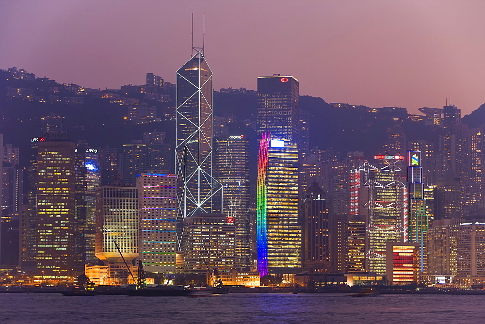 Victoria Harbour, night view of skyscrapers in Central district of Hong Kong Island, Hong Kong, China, Asia