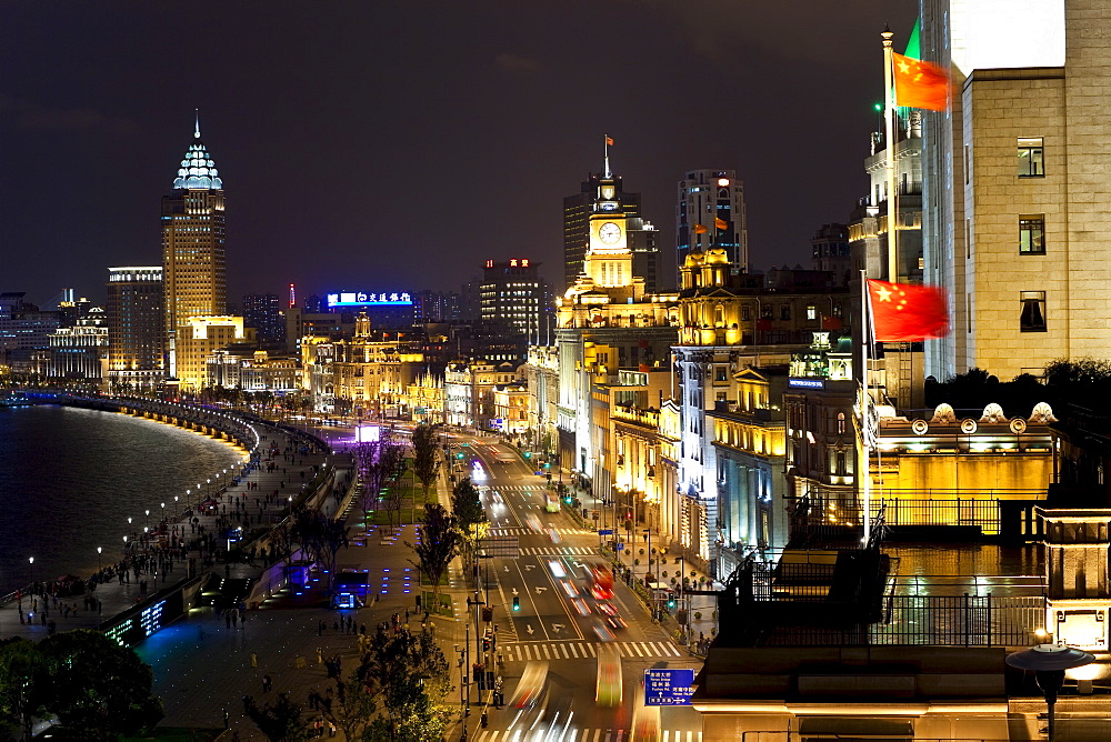 Shanghai night skyline of buildings along the Huangpu River and the Bund, Shanghai, China, Asia