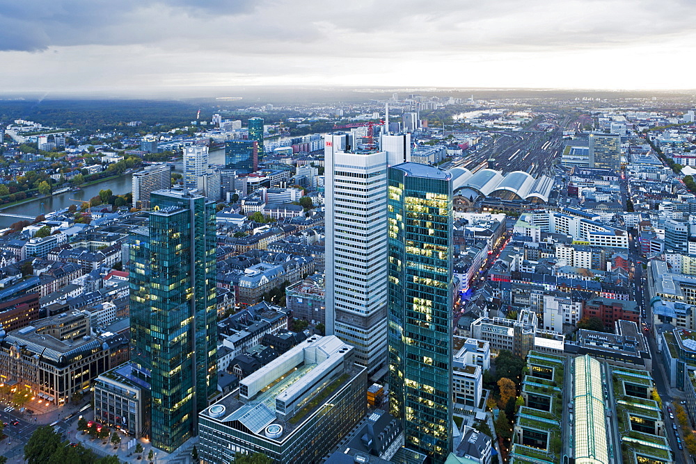 City centre from above at dusk, Frankfurt, Hesse, Germany, Europe