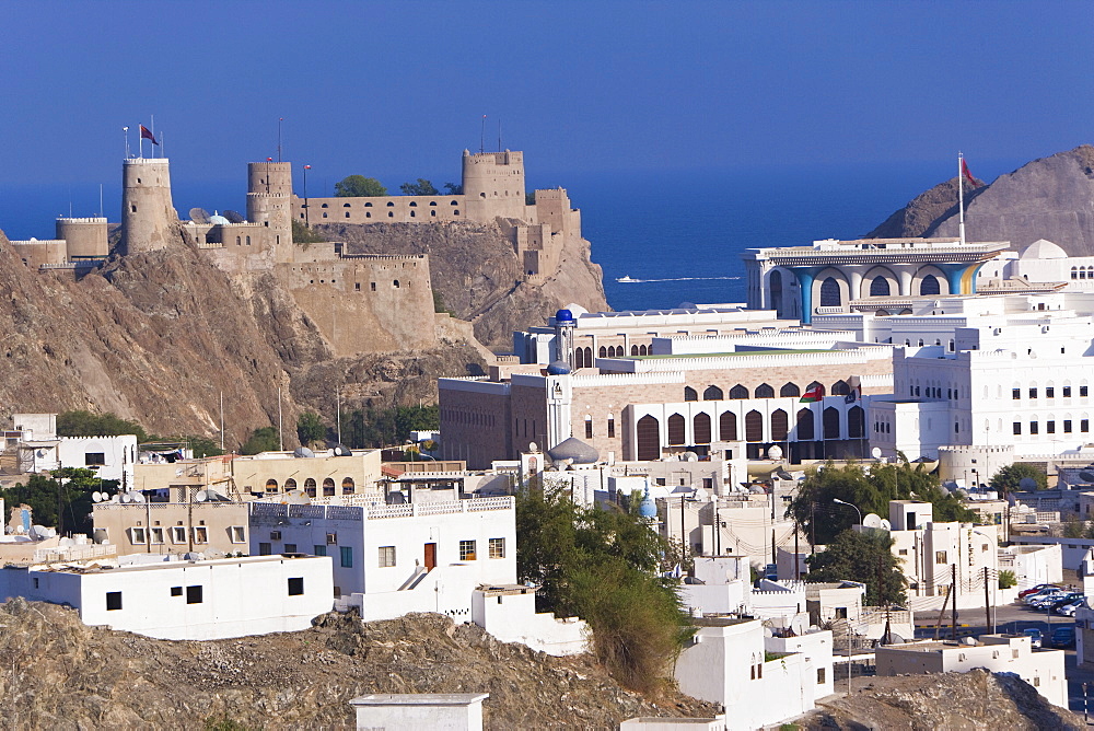 Elevated view over Muscat, Al-Mirani fort, government buildings and the Sultan's Palace, Muscat, Oman, Middle East