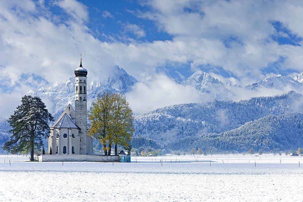 St. Coloman Church in winter, Oberbayern, Bavaria, Germany, Europe