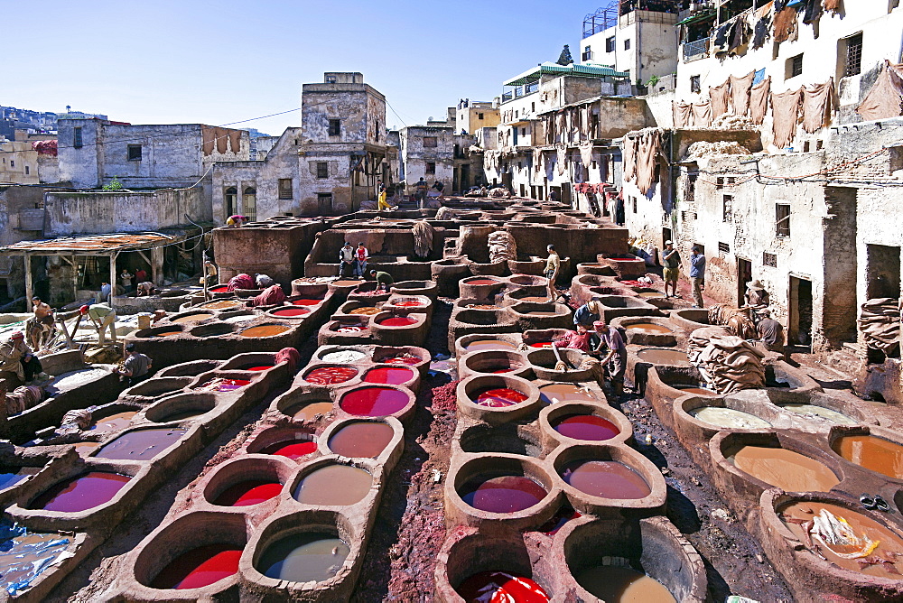 Chouwara traditional leather tannery in Old Fez, vats for tanning and dyeing leather hides and skins, Fez, Morocco, North Africa, Africa