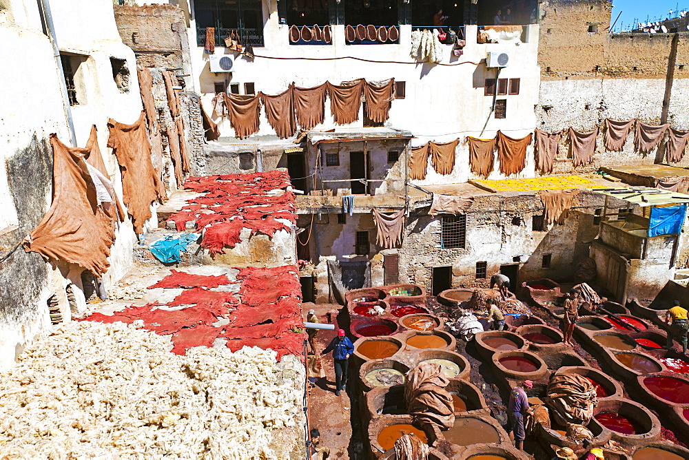 Chouwara traditional leather tannery in Old Fez, vats for tanning and dyeing leather hides and skins, Fez, Morocco, North Africa, Africa