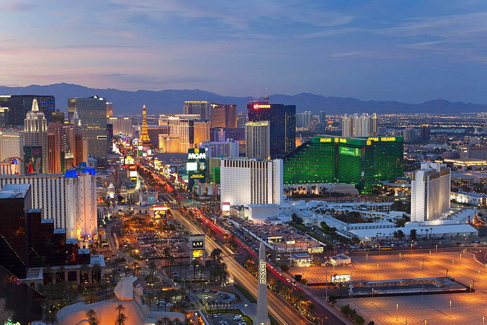 Elevated view of the hotels and casinos along The Strip at dusk, Las Vegas, Nevada, United States of America, North America