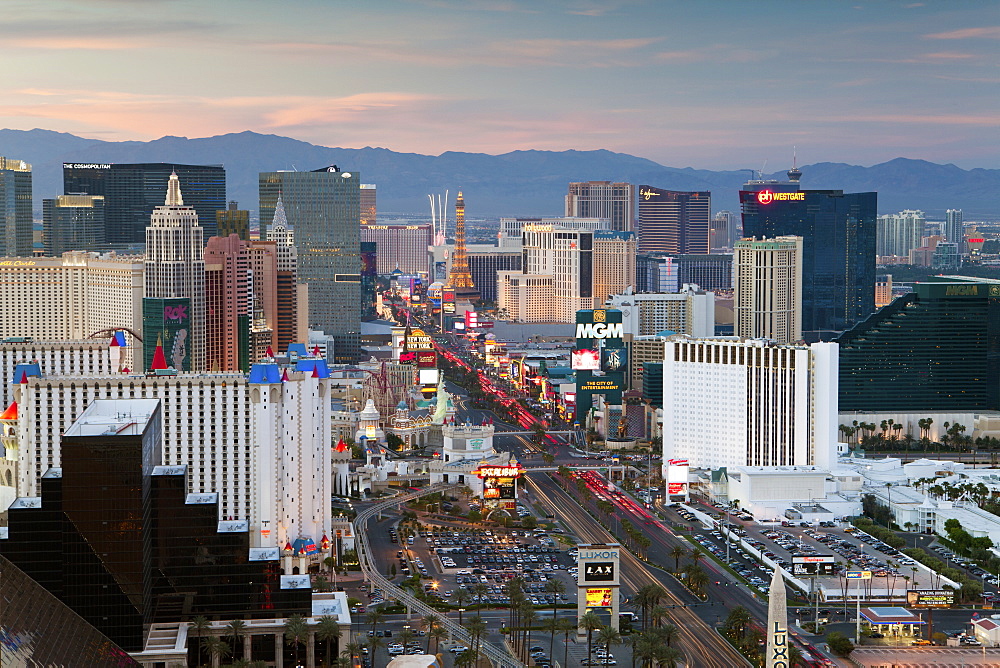 Elevated dusk view of the hotels and casinos along The Strip, Las Vegas, Nevada, United States of America, North America