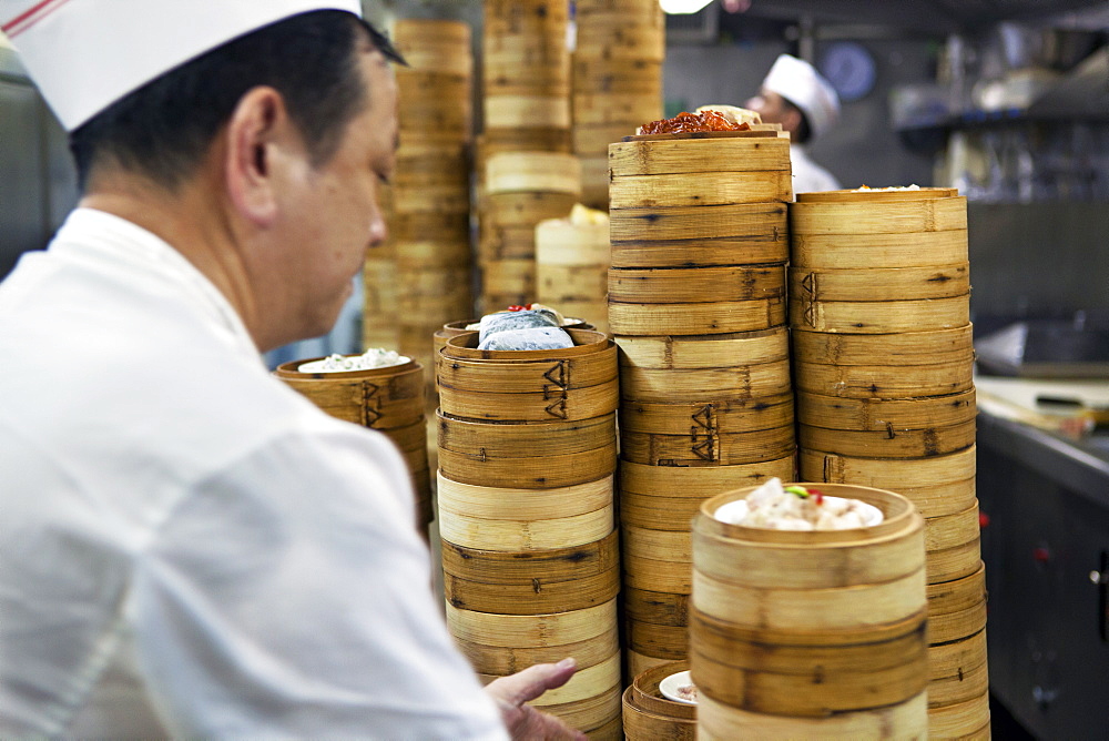 Dim sum preparation in a restaurant kitchen in Hong Kong, China, Asia