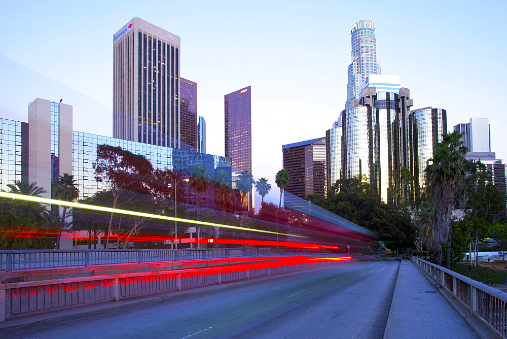 The 110 Harbour Freeway and Downtown Los Angeles skyline, Los Angeles, California, United States of America, North America