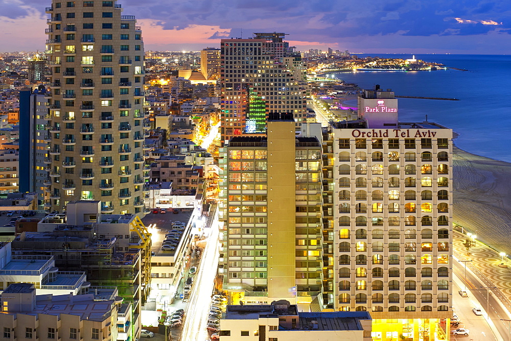 Elevated dusk view of the city beachfront, Tel Aviv, Israel, Middle East