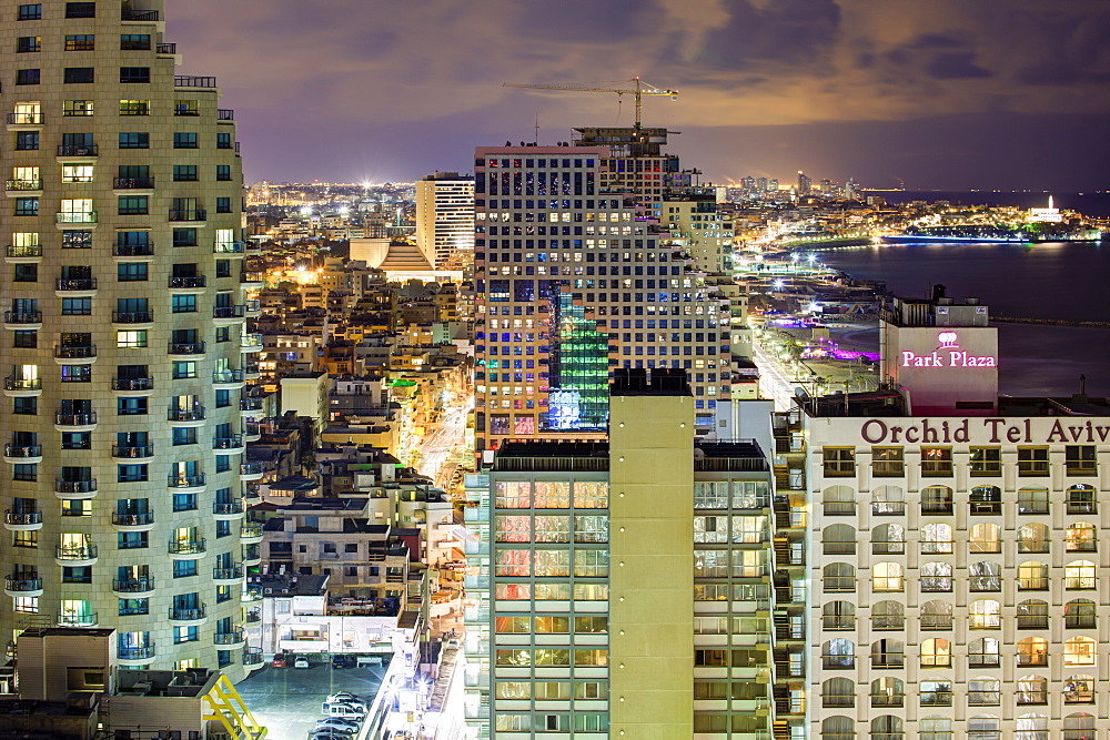 Elevated dusk view of the city beachfront, Tel Aviv, Israel, Middle East