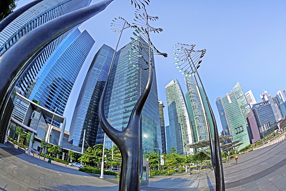 Skyscrapers of the Financial Centre and modern sculptures, Singapore, Southeast Asia, Asia