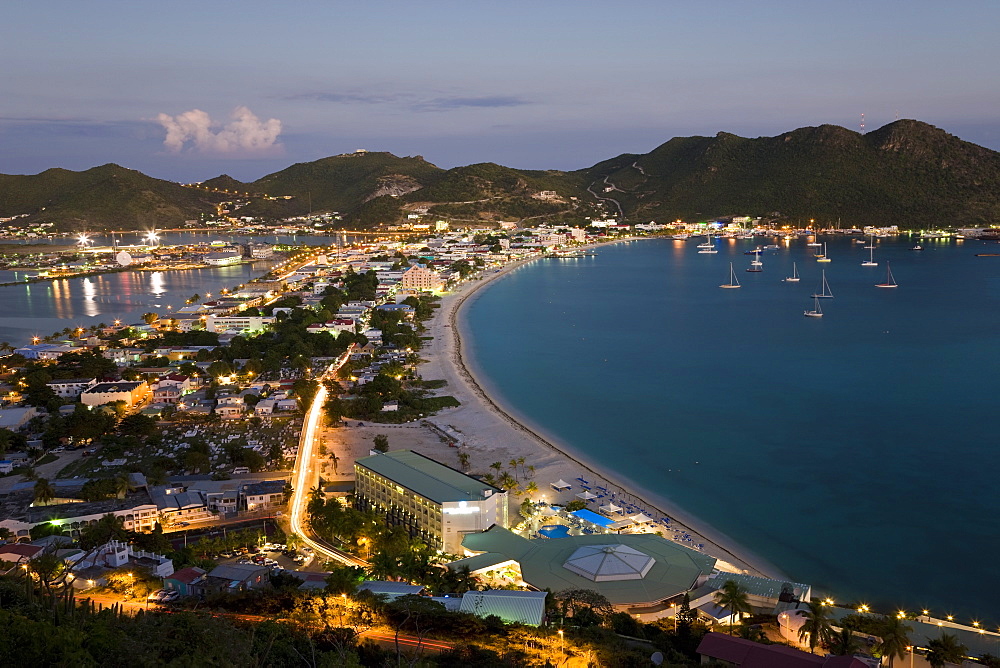 Elevated view over Great Bay and the Dutch capital of Philipsburg, St. Maarten, Netherlands Antilles, Leeward Islands, West Indies, Caribbean, Central America