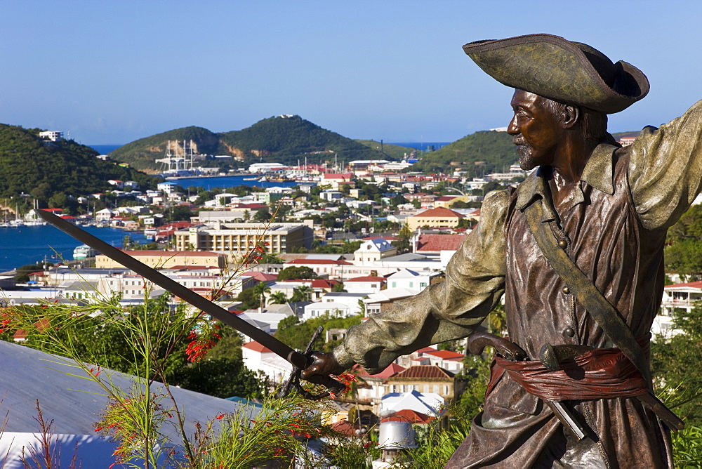 Sculpture in Blackbeard's Castle, one of four National Historic sites in the US Virgin Islands, with Charlotte Amalie in the background, St. Thomas, U.S. Virgin Islands, West Indies, Caribbean, Central America