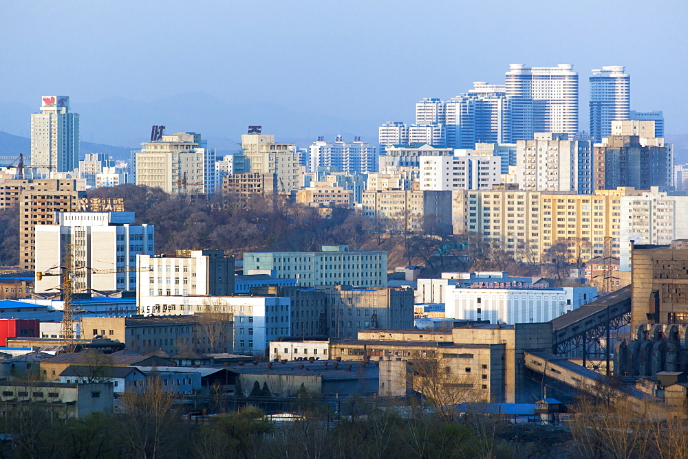 Elevated view over the city skyline, Pyongyang, Democratic People's Republic of Korea (DPRK), North Korea, Asia