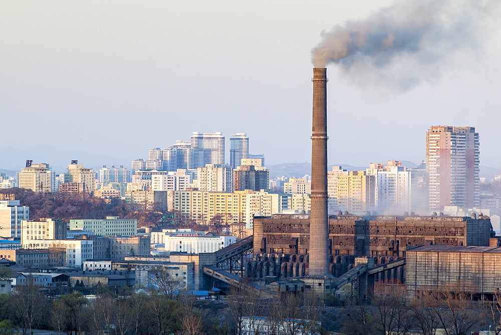 Elevated view over the city skyline, Pyongyang, Democratic People's Republic of Korea (DPRK), North Korea, Asia