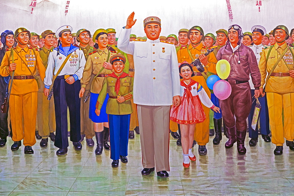 Wall mural of Kim Il Sung, Victorious Fatherland Liberation War Museum, Pyongyang, Democratic People's Republic of Korea (DPRK), North Korea, Asia