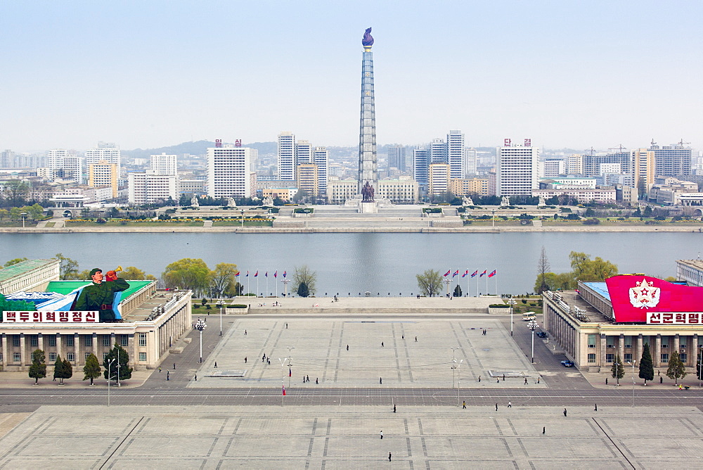 Elevated view over Kim Il Sung Square, Pyongyang, Democratic People's Republic of Korea (DPRK), North Korea, Asia