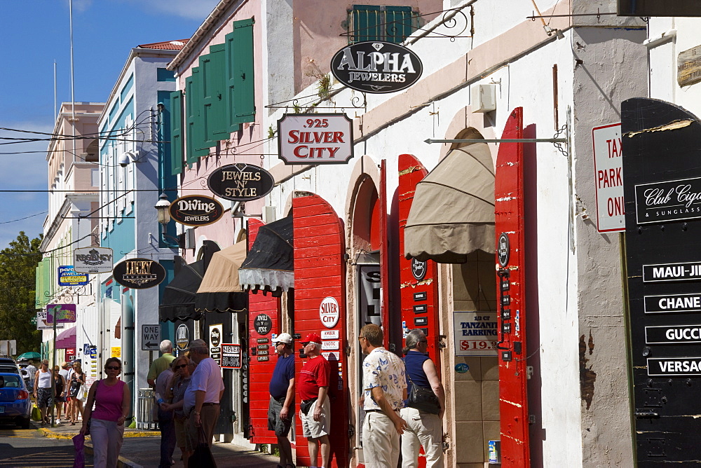 Shops lining the central Main Street, Charlotte Amalie, U.S. Virgin Islands, Leeward Islands, West Indies, Caribbean, Central America