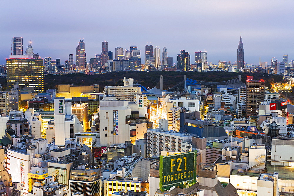 Elevated view of Shinjuku skyline viewed from Shibuya, Tokyo, Honshu, Japan, Asia 