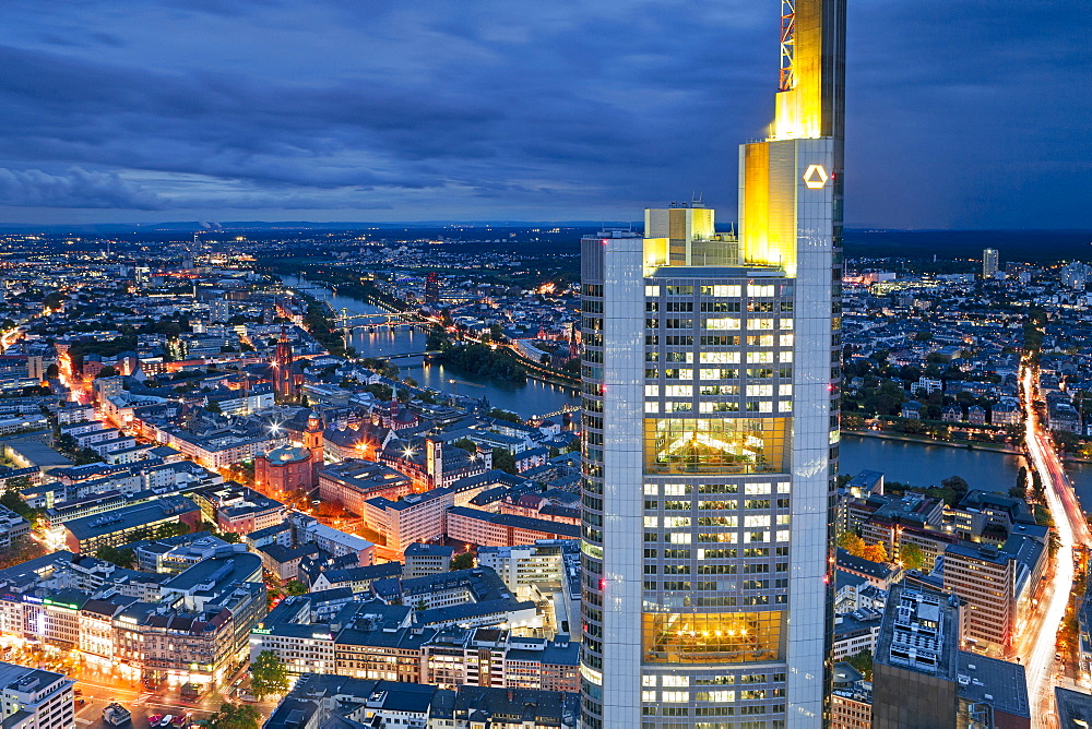 City centre from above at dusk, Frankfurt, Hessen, Germany, Europe 