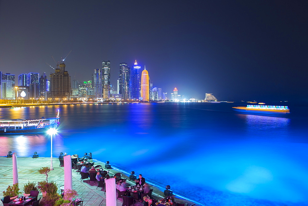 New skyline of the West Bay central financial district of Doha at night, Qatar, Middle East