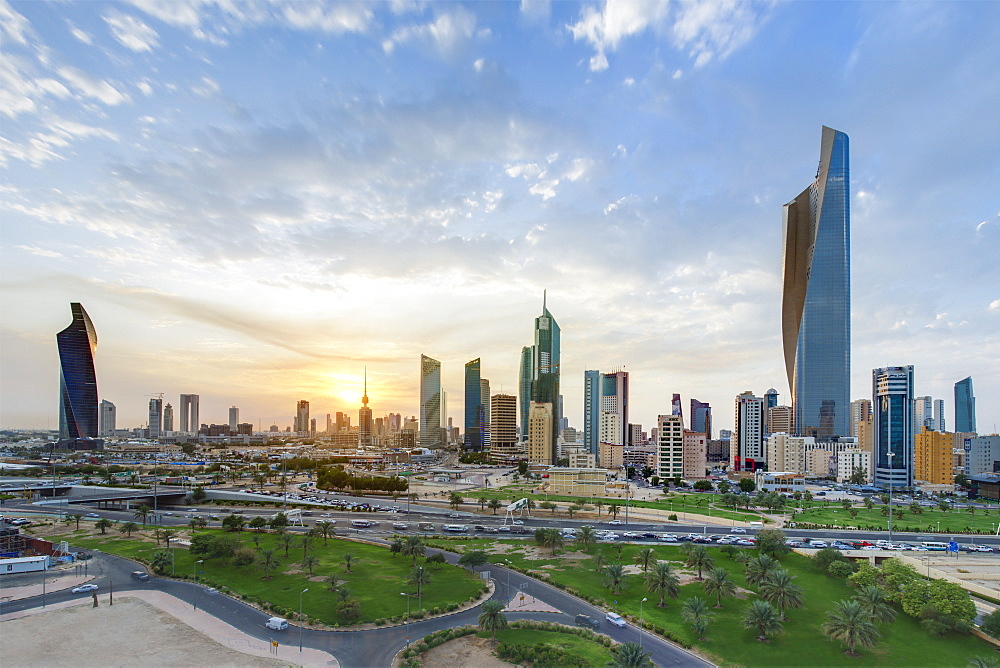 Elevated view of the modern city skyline and central business district, Kuwait City, Kuwait, Middle East