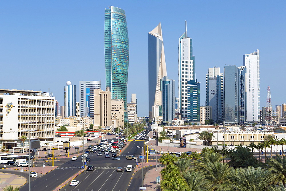 Elevated view of the modern city skyline and central business district, Kuwait City, Kuwait, Middle East