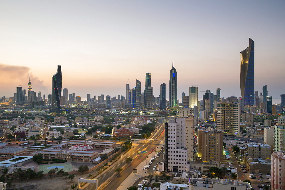 Elevated view of the modern city skyline and central business district, Kuwait City, Kuwait, Middle East