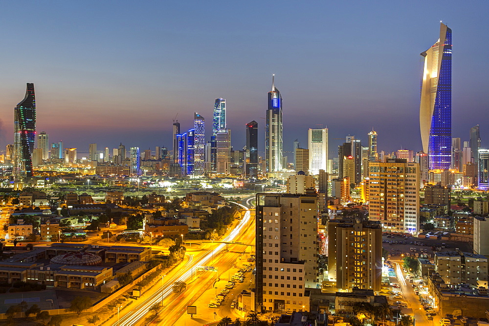 Elevated view of the modern city skyline and central business district, Kuwait City, Kuwait, Middle East