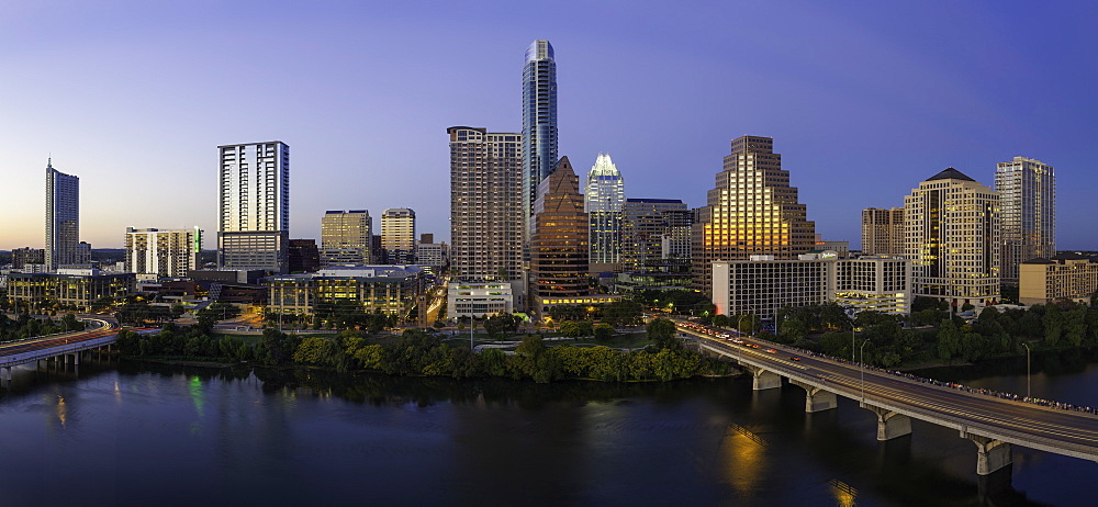 City skyline viewed across the Colorado river, Austin, Texas, United States of America, North America